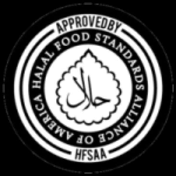 Black and white circular logo for Halal Food Standards Alliance of America, HFSAA approved.
