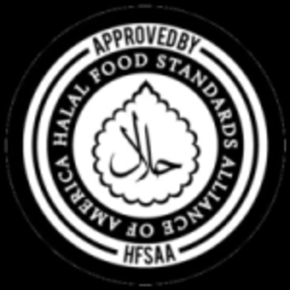 Black and white circular logo for Halal Food Standards Alliance of America, HFSAA approved.